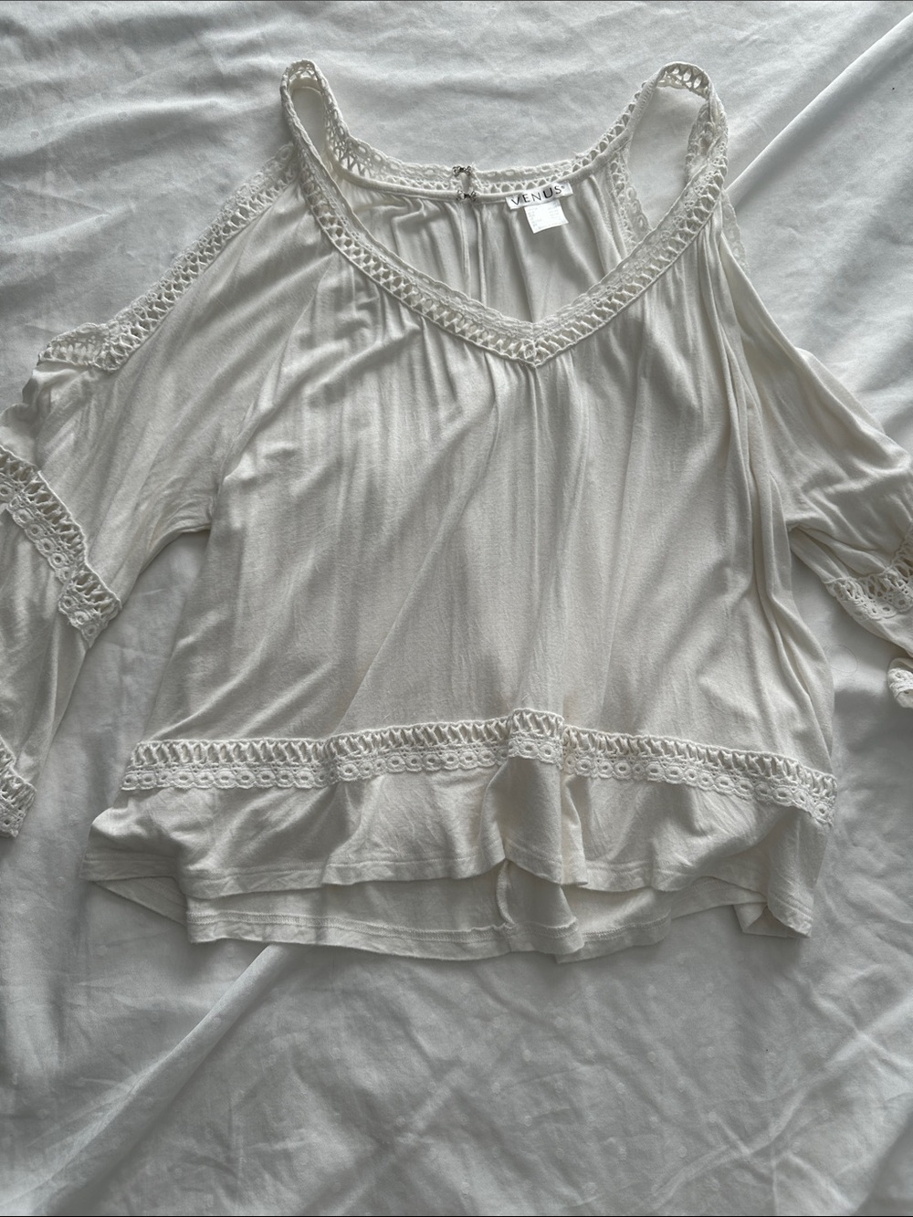VENUS whiteCold-Shoulder Crochet-Trim Tunic